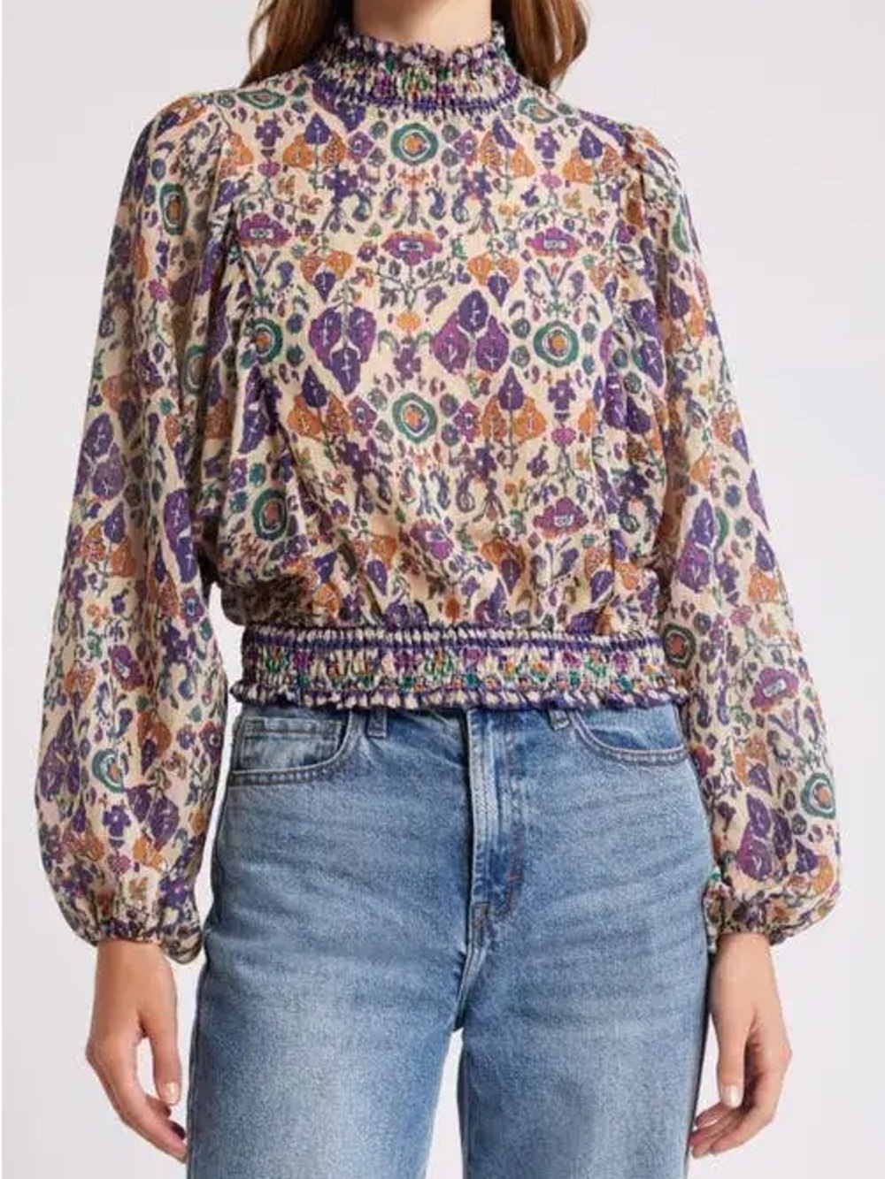 SESSUN Duchess Blouse XS Colorful Ikat Print Smocked Waist Ruffle Women’s Shirt